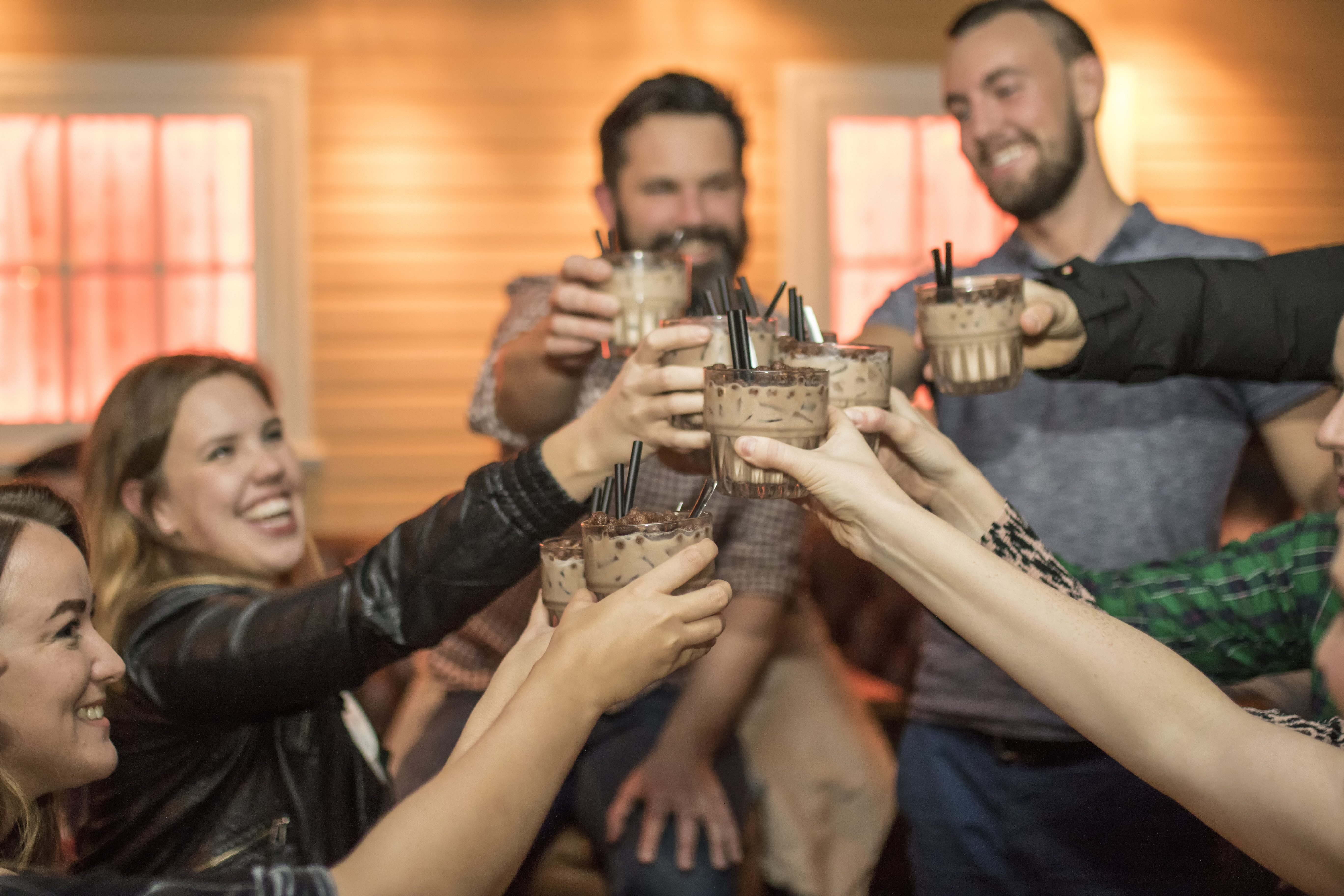 Lachende Menschen in einer Bar in Island stoßen an