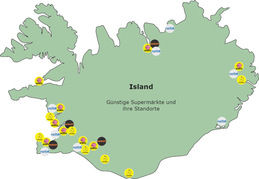 Karte von Island mit Supermarkt-Standorten