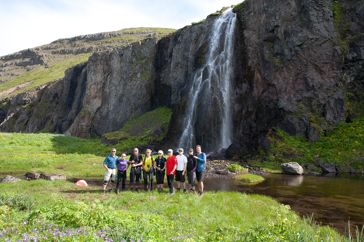 Wandergruppe posiert vor einem Wasserfall in Island