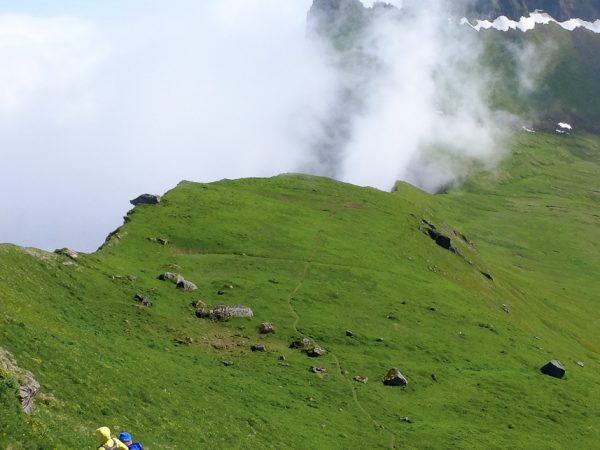 Wanderer an einer Klippe, Nebelschwaden ziehen herauf