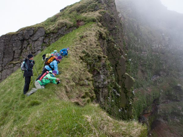 Wanderer schauen über eine Klippe und beobachten die Seevögel