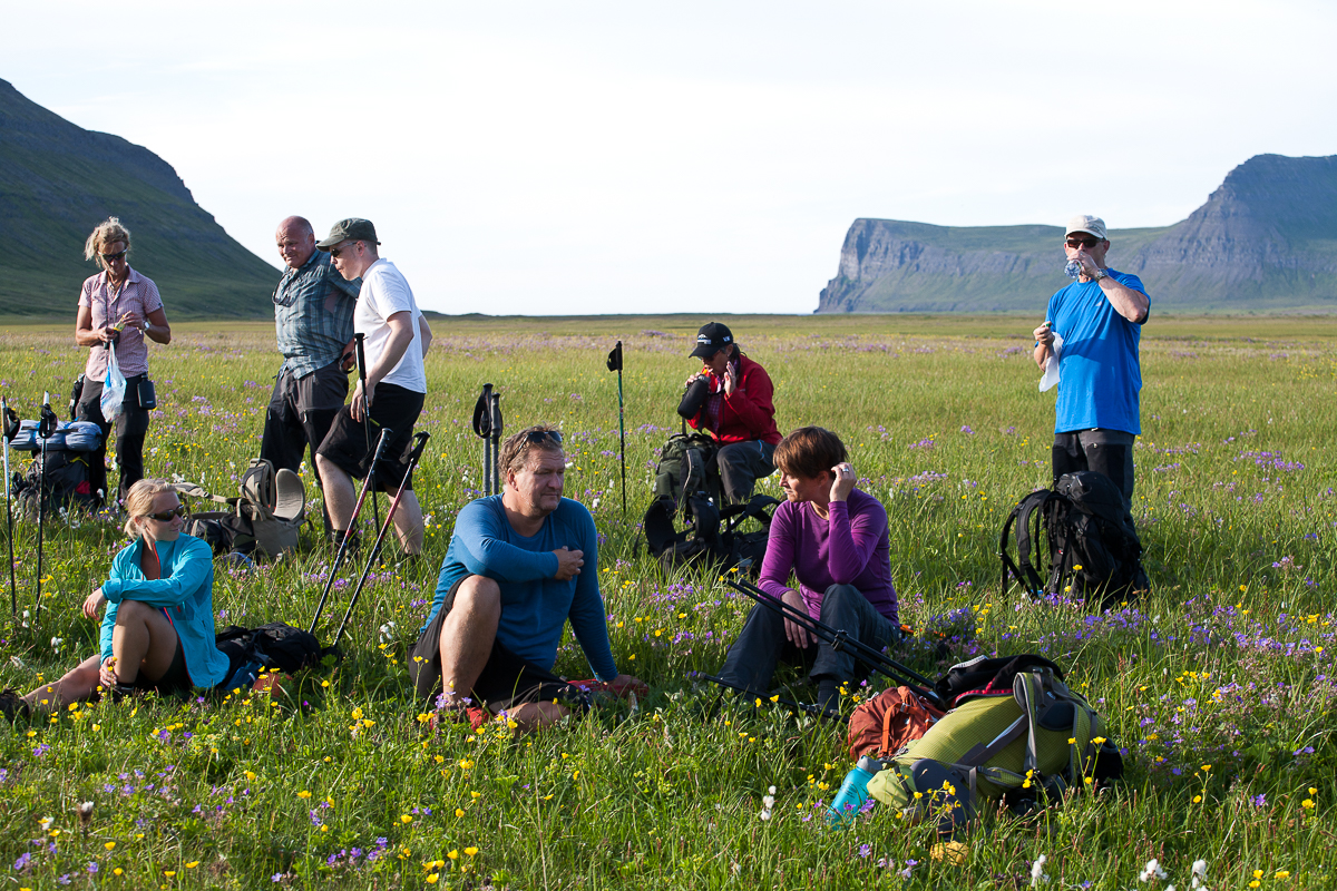 Wanderer bei einer Rast auf grüner Wiese in Island